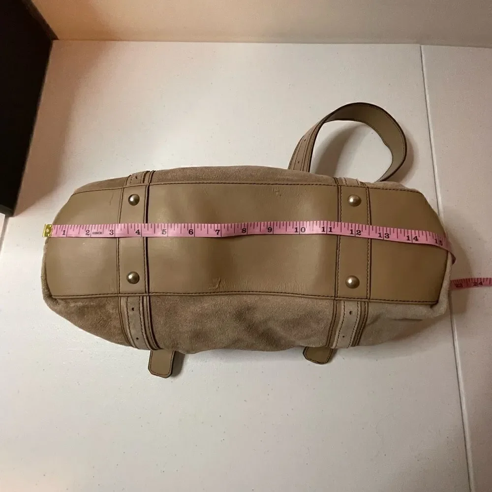 Longaberger Fold Over Hobo Handbag Purse Suede Leather Taupe Sisters